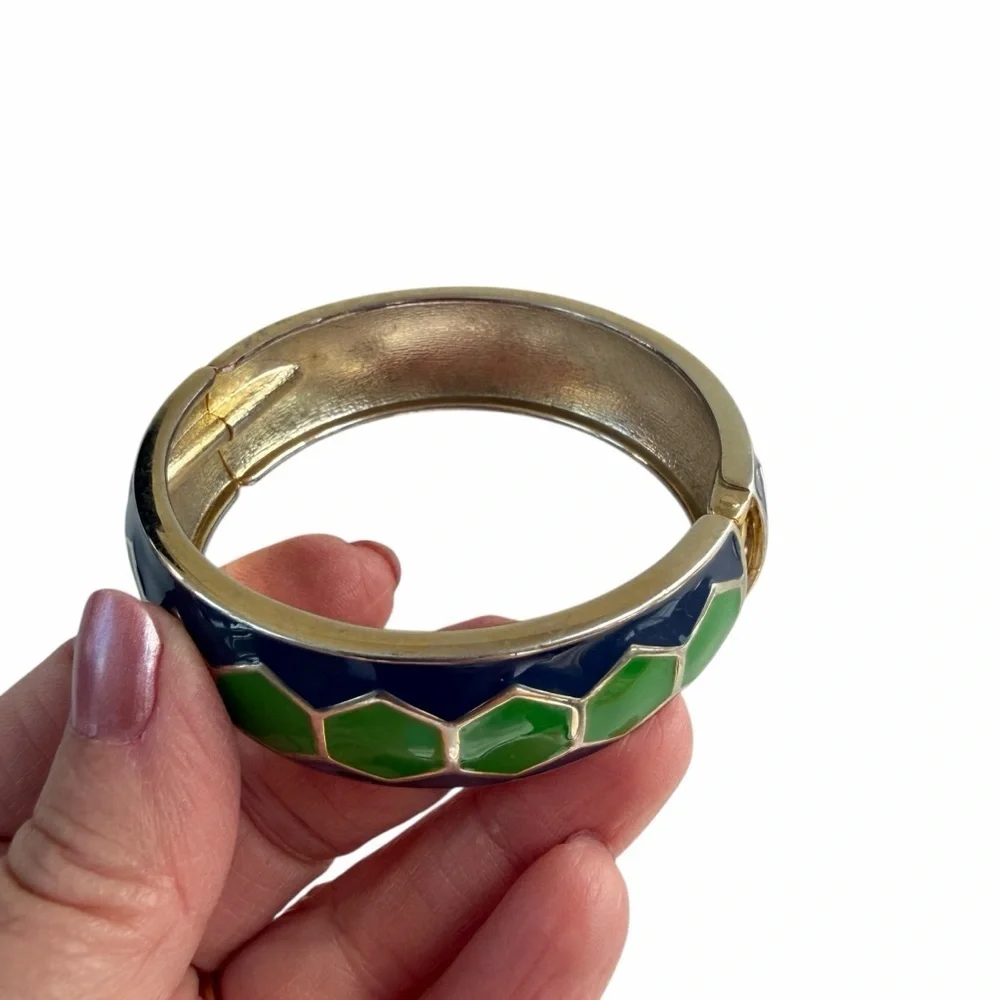 Enamel Green and Blue Hexagon Bangle Bracelet Statement‎ Spring Hinge Seahawks